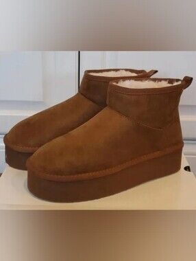 UNIONBAY | Chestnut Sabina Suede Platform Shearling Ankle Boots